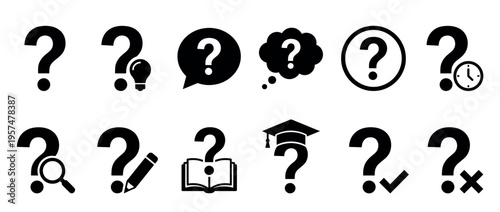 Question mark icons set with various symbols representing inquiry, ideas, time, search, education, and decision-making processes.