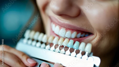 Dental shade guide compared to a woman bright smile for cosmetic tooth color matching