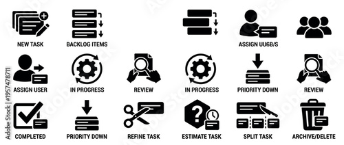 Comprehensive set of black and white project management workflow icons illustrating various task stages and actions for business processes and development.