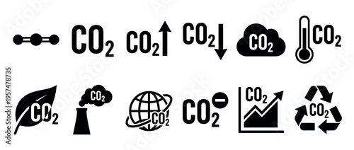 Carbon dioxide icons illustrating various aspects of CO2, including emission, reduction, global warming, and environmental impact.