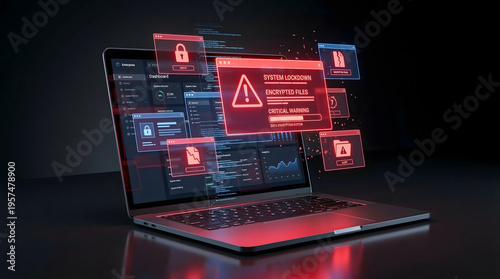 high resolution 3d rendering of a modern laptop showing a critical system lockdown alert with red glowing warning windows for cyber attack and data encryption concepts