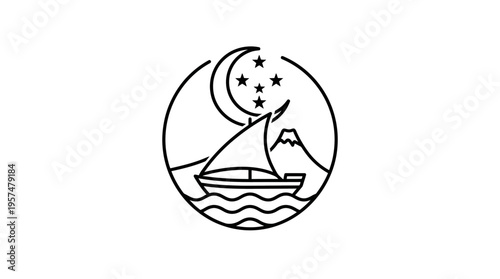 Minimalist Nautical Scene with Moon and Stars