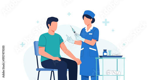 Nurse administering vaccine injection to patient seated in clinic, healthcare concept