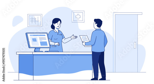 Nurse assisting patient at reception desk in modern clinic, healthcare concept