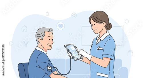 Nurse checks elderly man's blood pressure using tablet, healthcare technology concept