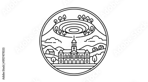Abstract Geometric Badge of a Town Under a UFO
