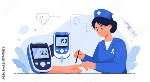 Nurse checking blood sugar levels with glucometer, diabetes care concept