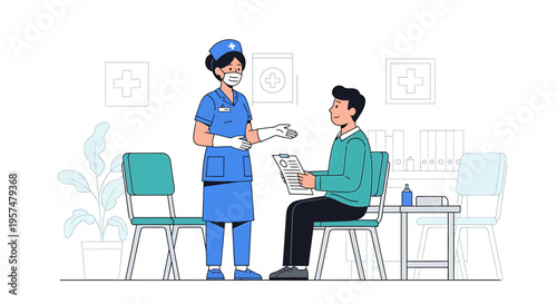 Nurse consulting patient in clinic waiting room, medical checkup, healthcare concept