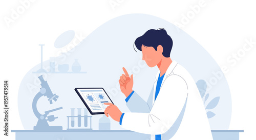 Scientist Analyzing Data on Tablet in Laboratory with Microscope and Test Tubes