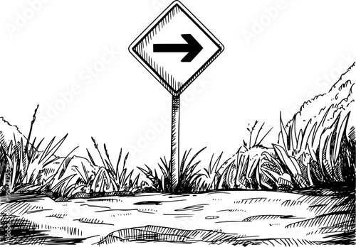 Black arrow sign pointing right a pole amidst sketched grass and ground direction