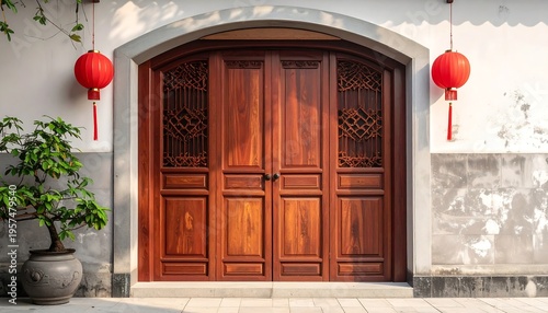 Wallpaper Mural Traditional Chinese Wooden Door with Red Lanterns and Bonsai Tree. Torontodigital.ca