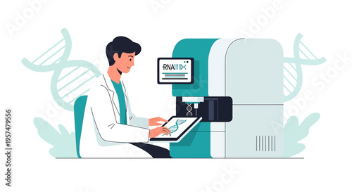 Scientist analyzing DNA sequence on tablet next to advanced genetic sequencer machine
