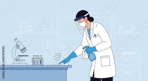Scientist in protective gear cleaning lab bench with disinfectant spray and cloth