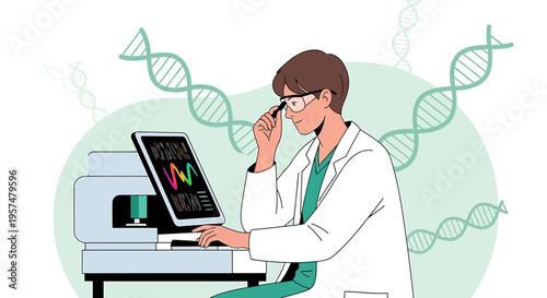 Scientist analyzing DNA sequence on computer in modern laboratory with DNA helix background