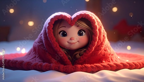Cozy Little Girl Wrapped in a Heart-Shaped Blanket on a Snowy Night.