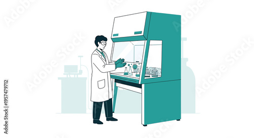 Scientist working in a laboratory fume hood with equipment and samples