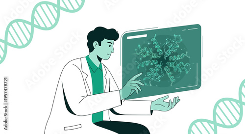 Scientist studying protein structure on screen, DNA helix background, biotechnology concept