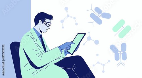 Scientist with Tablet Analyzing Molecular Structures and Antibodies in Lab