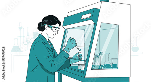 Scientist working in a laboratory fume hood with pipettes and beakers