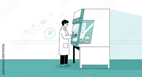 Scientist Working in Biosafety Cabinet, Laboratory Research, Cell Culture