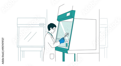 Scientist working in a sterile biosafety cabinet, laboratory research