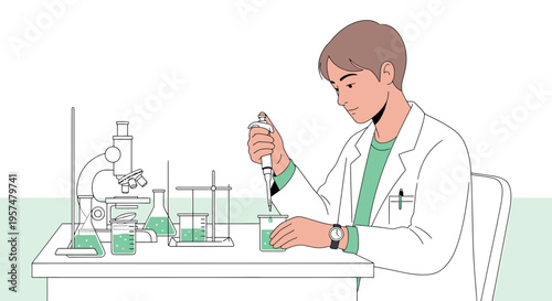 Scientist working in laboratory with microscope and beakers, conducting research