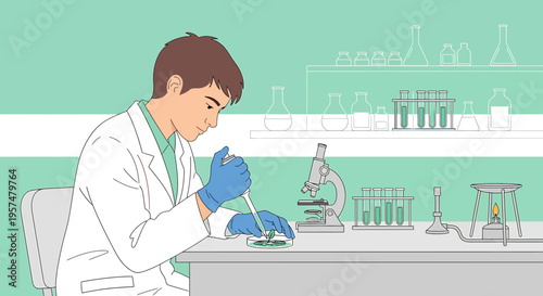 Scientist working in laboratory with microscope and test tubes, conducting research