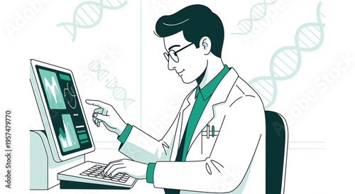 Scientist Working on Computer with DNA Graphics, Laboratory Research