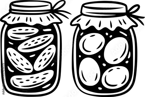 Cartoon jars of preserved food pickles and olives with fabric lids tied with string