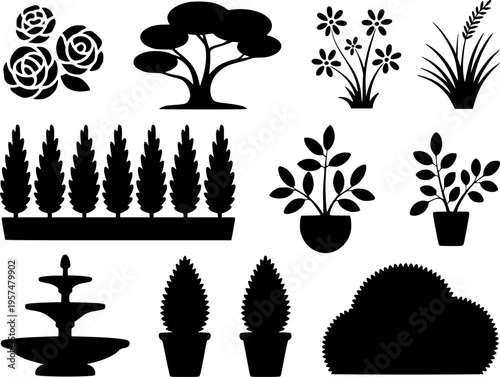 Collection of Black Silhouette Garden and Plants White Background