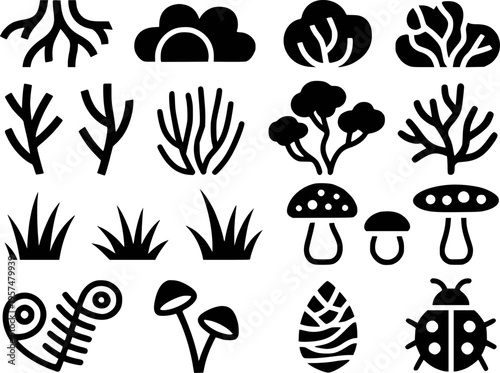 Collection of Black Silhouette Representing Nature and Insects White Background