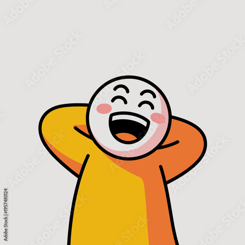 Happy cartoon character laughing with arms behind head smiling blush rosy cheeks
