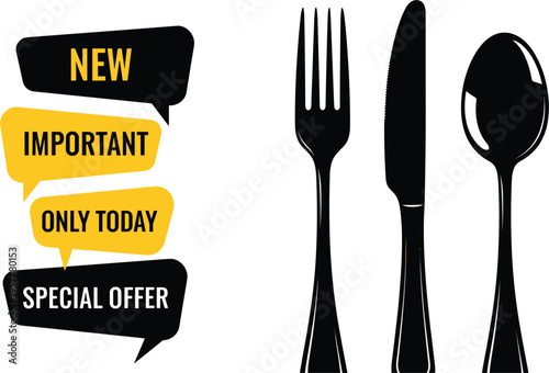 Restaurant promotion vector set featuring black cutlery silhouettes with fork knife and spoon and yellow marketing bubbles for special food offers and new menu deals.