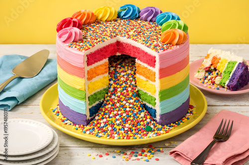 Photos Vibrant rainbow surprise cake with colorful sprinkles spilling from the center, multi-layered sponge, and frosting swirls on a yellow plate
