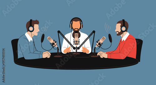 Three men recording a podcast in a studio.