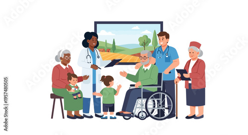 Diverse Healthcare Team with Doctor & Nurse Providing Multi-Generational Care to Seniors & Children. Community Health, Elderly Support & Family Wellness.