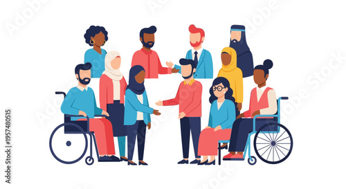 Diverse Group of People Illustrating Global Community, Inclusion, and Equality. Multicultural Backgrounds, Disabilities, and Different Genders Interacting.