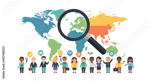 Diverse Global Business Team with Magnifying Glass Over World Map for International Market Research & Talent Acquisition