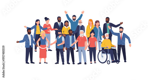 Diverse Global Community Standing Together: Vector Illustration of Inclusive Group, Unity, Support, and Multicultural Teamwork
