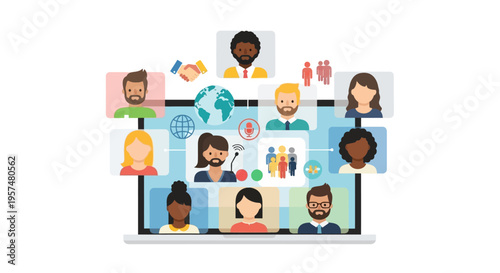 Virtual Team Collaboration & Global Online Meeting Concept with Diverse Avatars for Video Conferencing and Remote Work