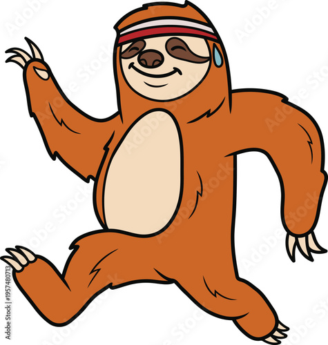 Funny cartoon sloth wearing a headband and sweating while running or exercising with joyful expression