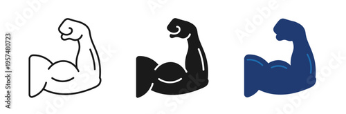 Three variations of a flexed bicep illustration are shown utilizing outline solid black and blue color schemes high quality professional detailed