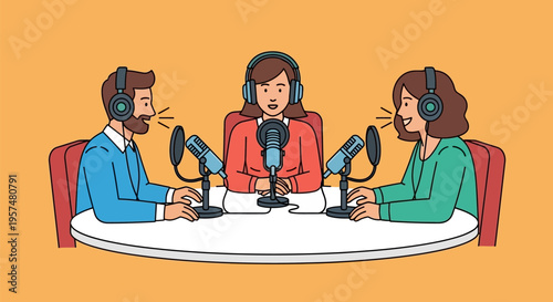 Three people recording a podcast with microphones and headphones.