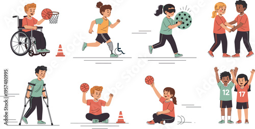 Adaptive sports and inclusive activities vector set with wheelchair basketball, running prosthetics, teamwork and disability support, diversity illustration collection