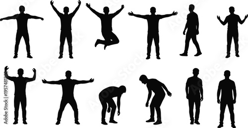 Set of male silhouettes in various emotional poses, including jumping for joy, success, defeat, and frustration, isolated on white background
