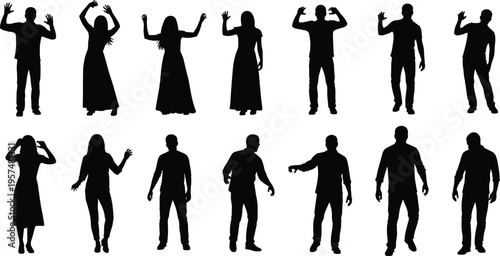 Set of people silhouettes in defensive and walking poses, group of men and women standing and gesturing, isolated on white background