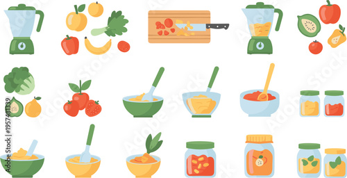 Baby food preparation set with fruits, vegetables and blender, homemade puree making process and healthy infant nutrition vector illustration collection