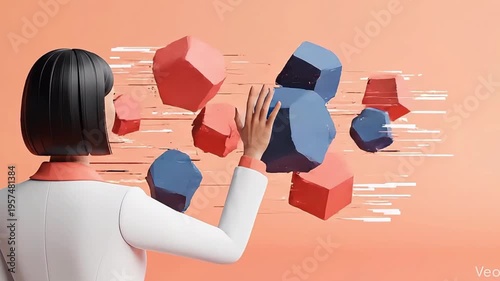 Abstract 3D illustration of a person interacting with geometric shapes, representing data, ideas, or problem-solving