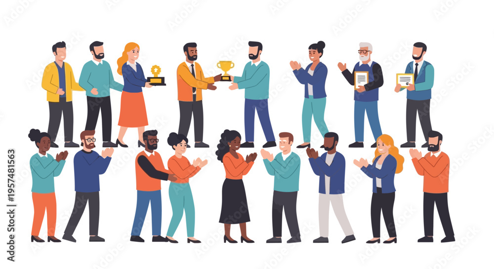Obraz premium Corporate Recognition and Achievement: Diverse Business Team Celebrating Success, Receiving Awards, Trophies, and Certificates with Applause