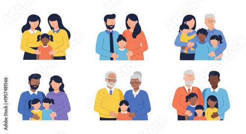 Diverse Family Portraits: Modern, Multi-Generational & LGBTQ+ Relationships. Inclusive Vector Illustrations for Community and Parenthood.